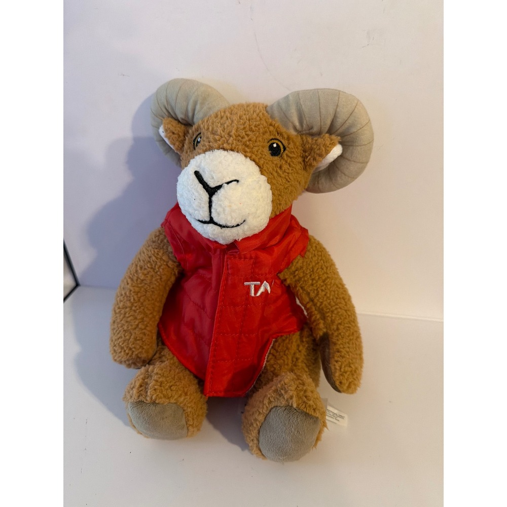 Stuffed Animal House Taos New Mexico Bighorn Ram Plush Red Puffer Vest Brown 10"
